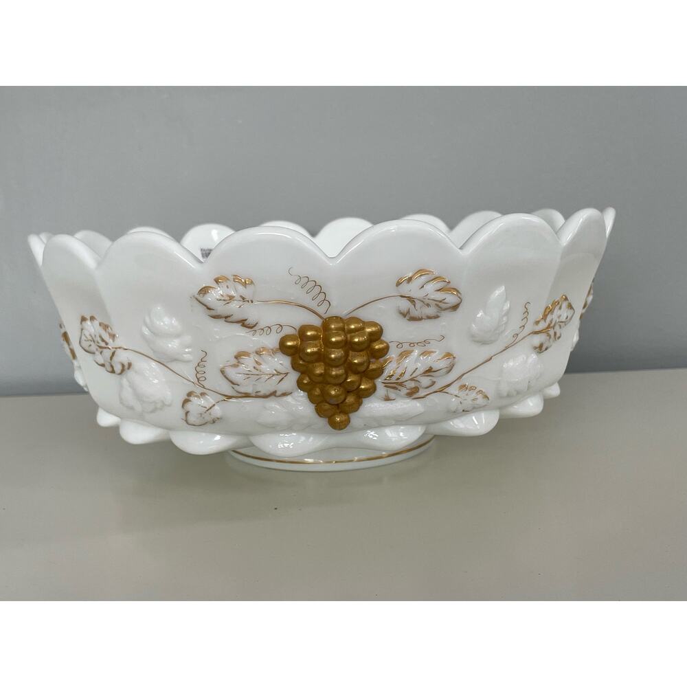 WESTMORELAND MILK GLASS PANELED GRAPE BOWL ~ GOLD ACCENTS